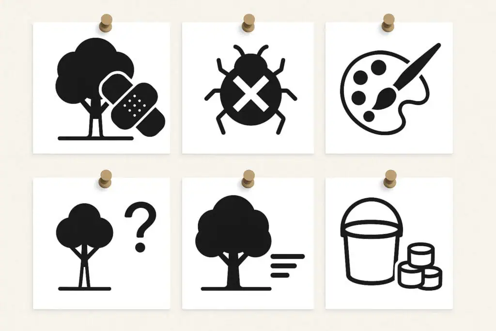 six minimalist icons: bark, bugs, cosmetic paint, tree age, wind/temperature, paint