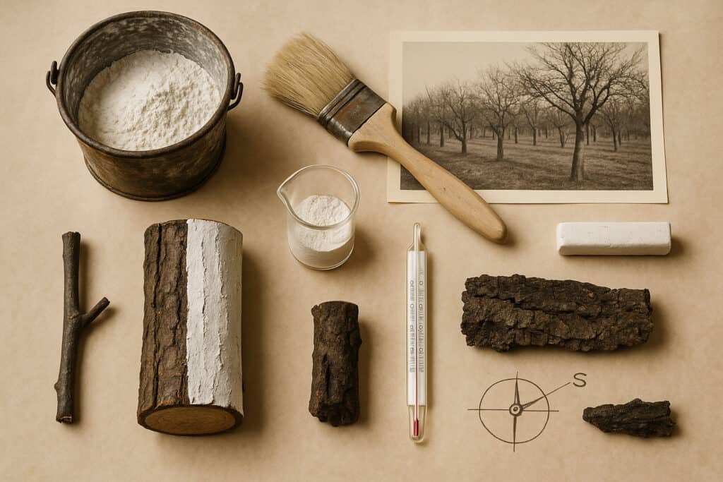 limewash bucket, brush, vintage, orchard photo, thermometer, bark