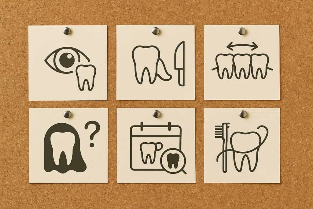 different tooth icons on corkboard 