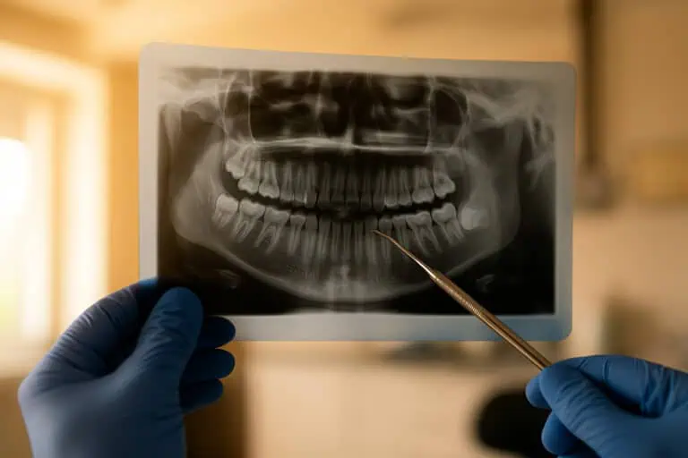 photo of a gloved dentist holding a backlit panoramic dental X-ray