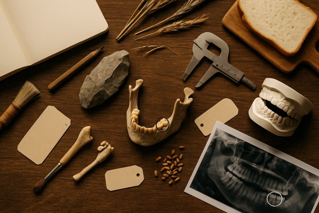 ancient human mandible with erupted third molars, stone hand axe, archaeology brush and trowel
