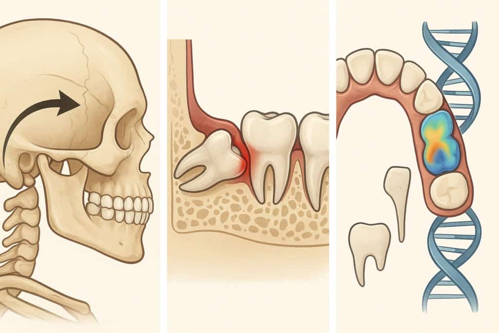 lateral skull with chew-force, mesio-impacted third molar, third molar and DNA helix
